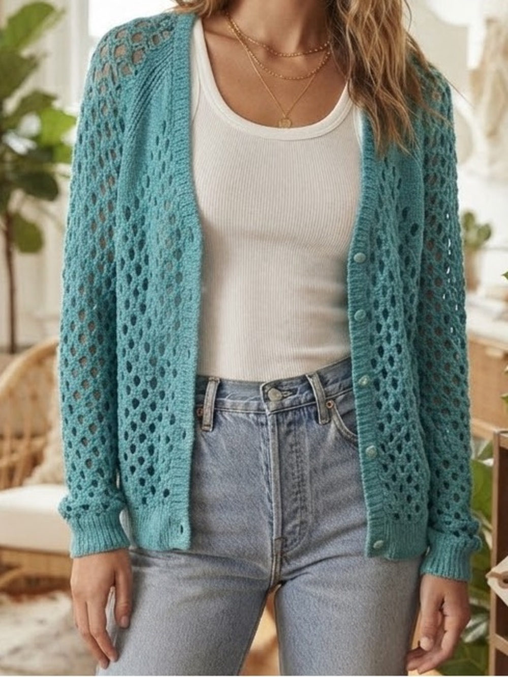 Teal Crochet Cardigan